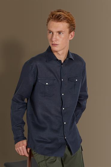 french collar chest pkts classic fit DK BLUE