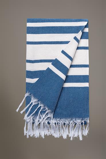 BEACH TOWEL 100X175CM +7CM FR X 2 WHITE/BLUE