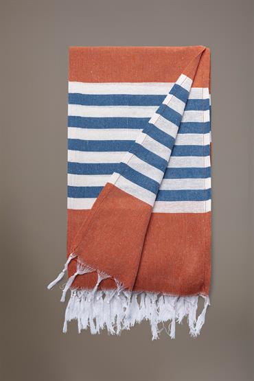 BEACH TOWEL 100X175CM +7CM FR X 2 ORANGE/BLUE
