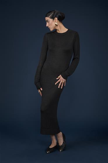 KNITTED LONG DRESS SHORT SLEEVES BLACK