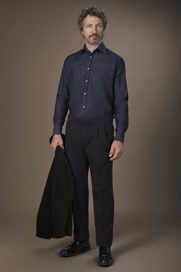 DOUBLE PLEATS WITH SIDE WAIST BUCKLE DK BLUE